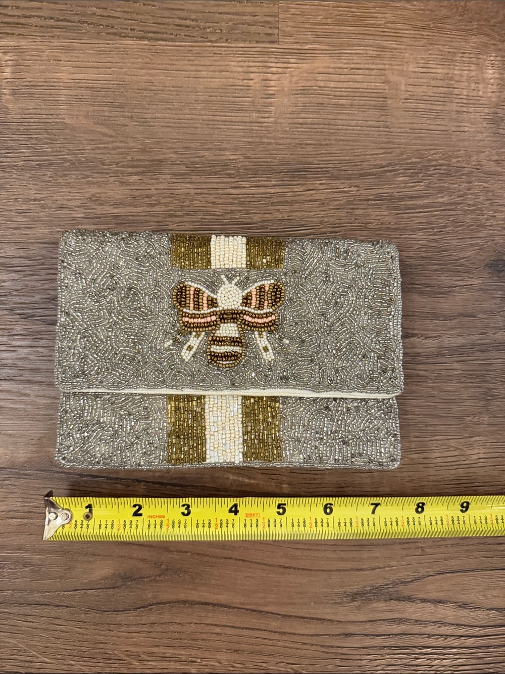Beaded Bee Accent Cocktail Clutch - Metallic Silver & Gold with strap
